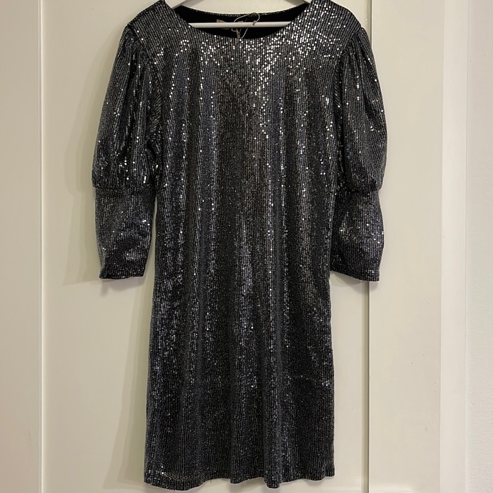 Sequin Puff-Sleeve Black Cocktail Dress